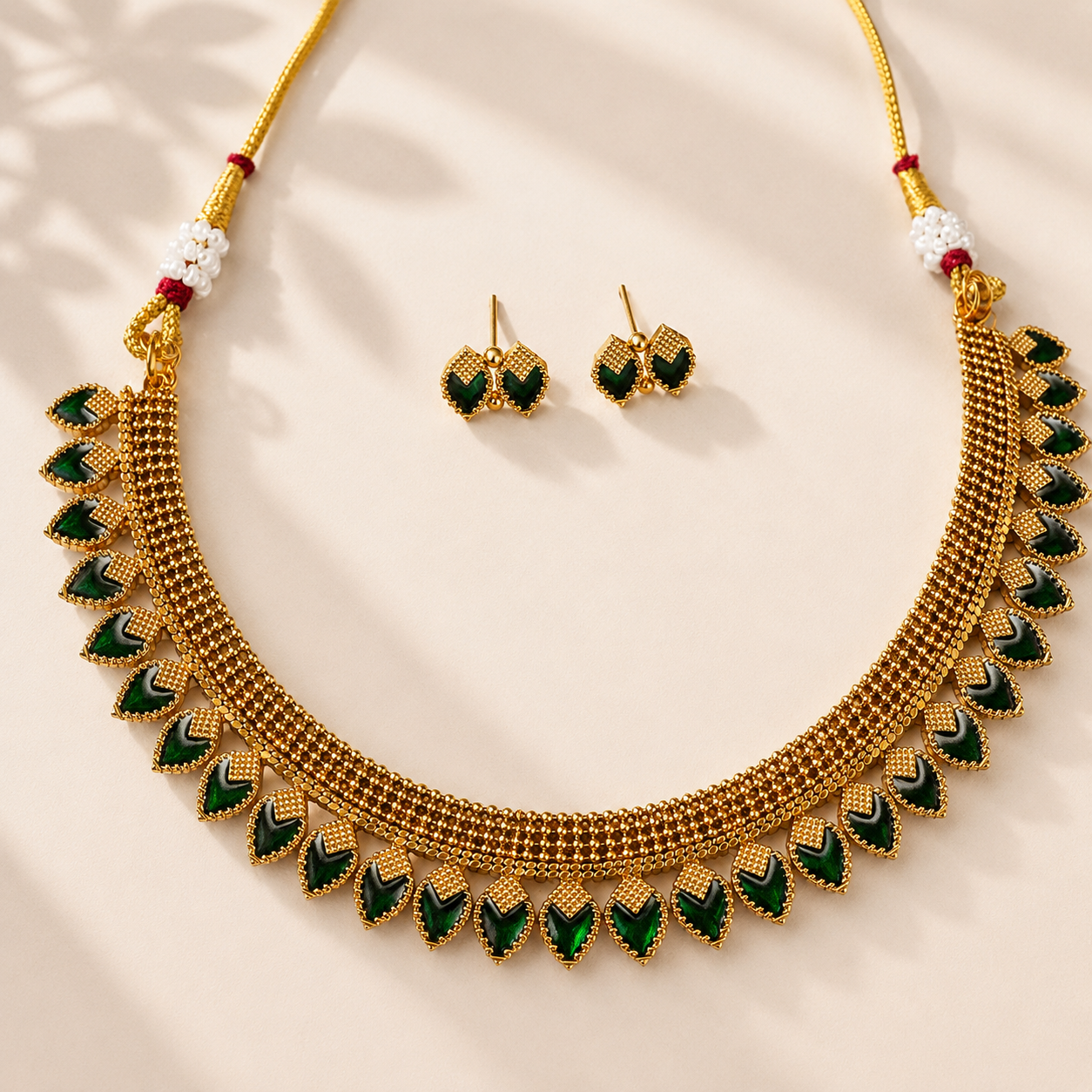 Green Leaf Onam Necklace and Earring Set