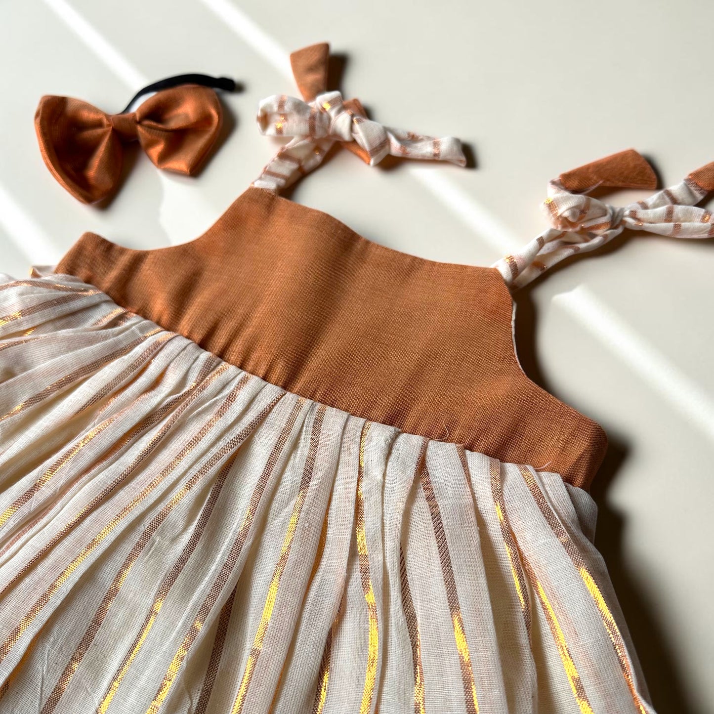 5-in-1 Set: Bronze Gold Striped Dress with Headband