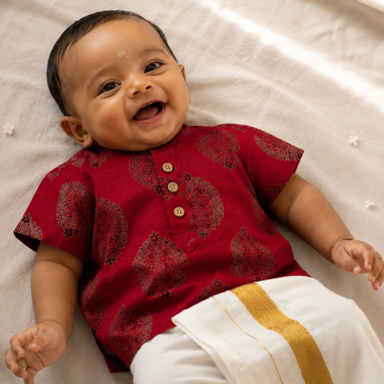 Ajrakh Red Baby Shirt and Kasavu Mundu Set