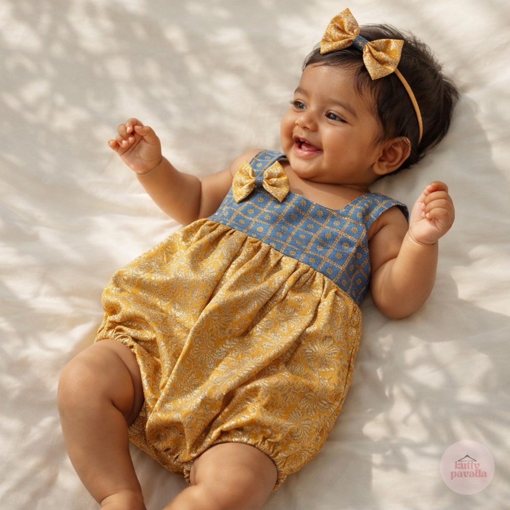 Golden Brocade Baby Romper Set with Matching Bow