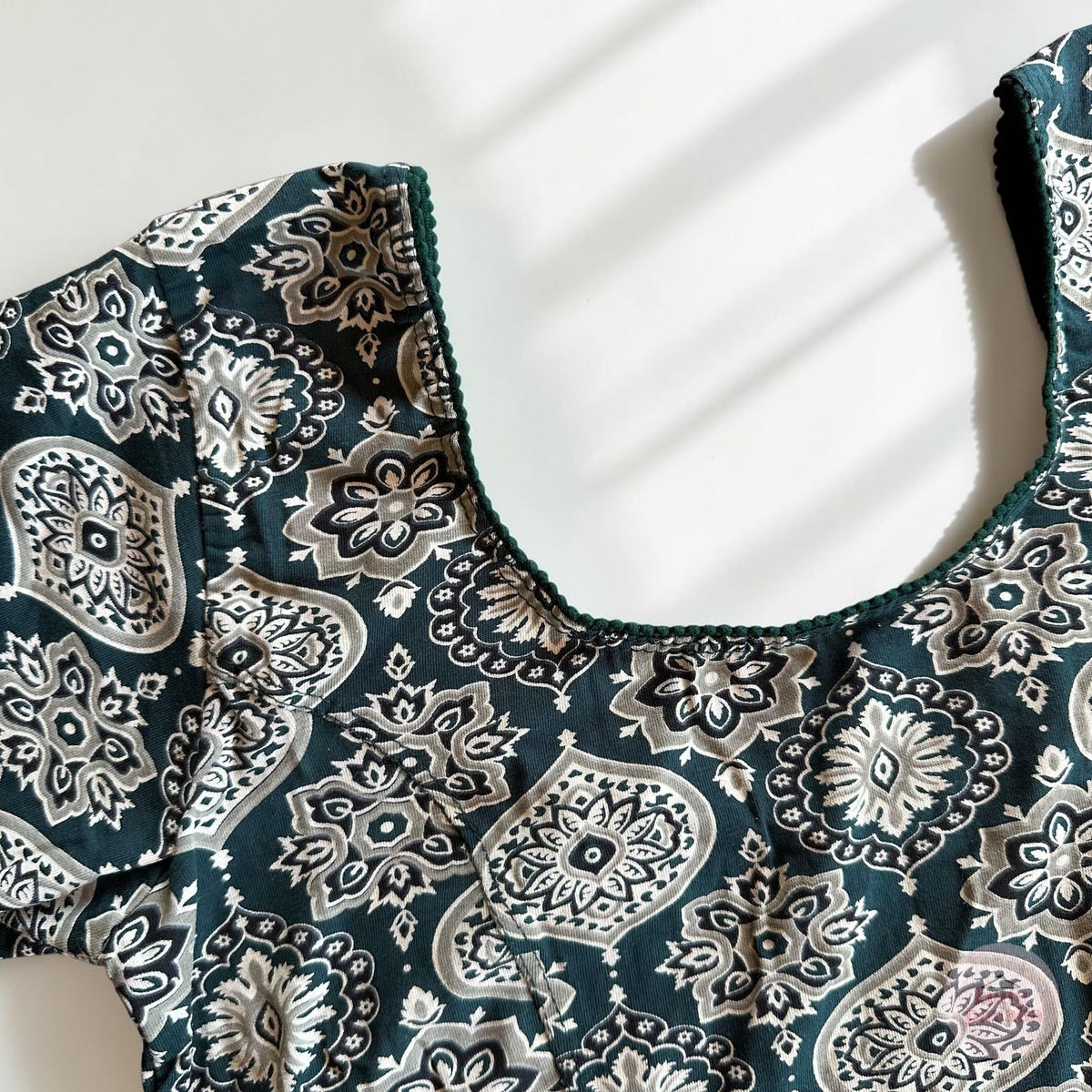 Bottle Green Ajrakh Stretchable Cotton Blouse | Ready-to-Wear Saree Blouse
