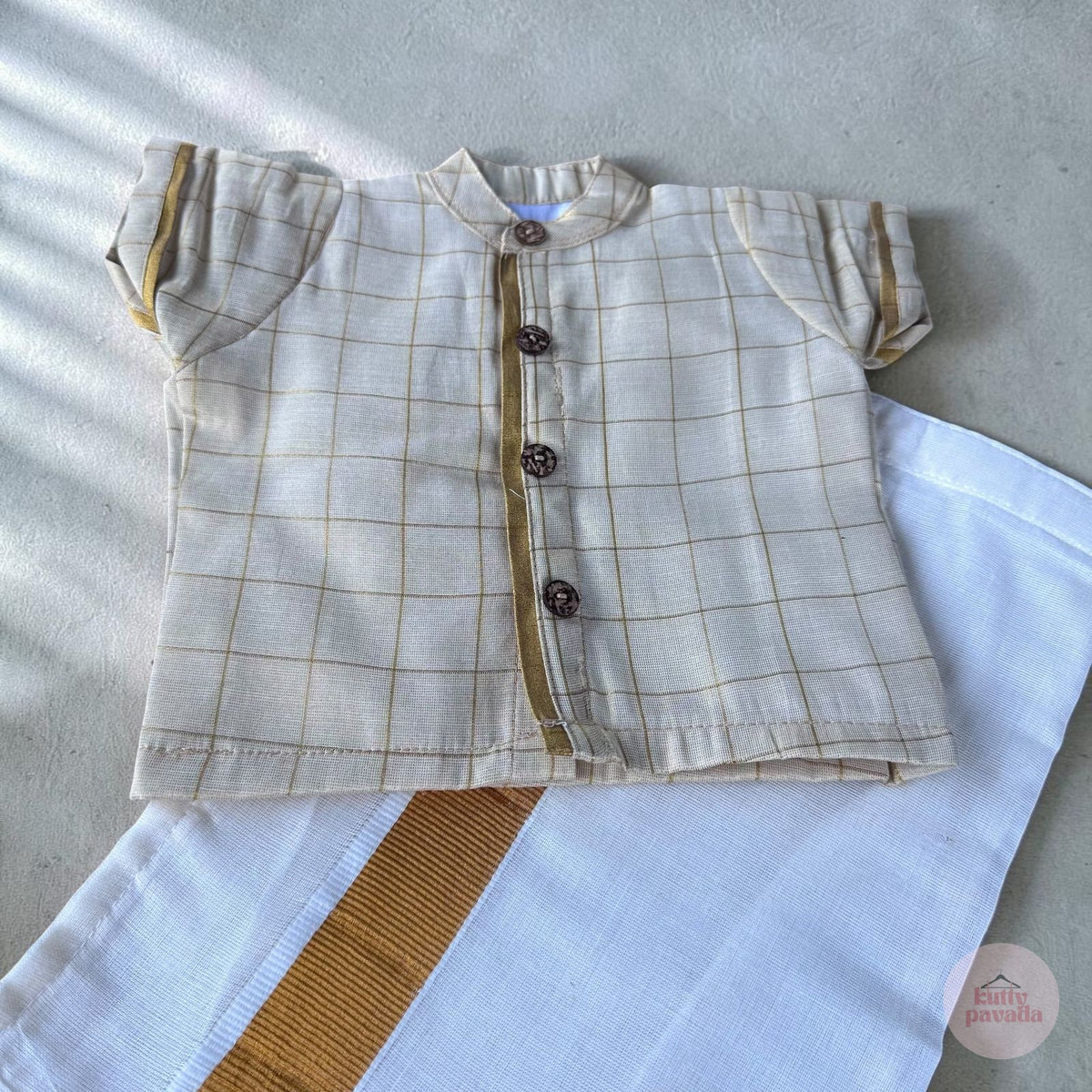 Checkered Baby Shirt and Kasavu Mundu Set