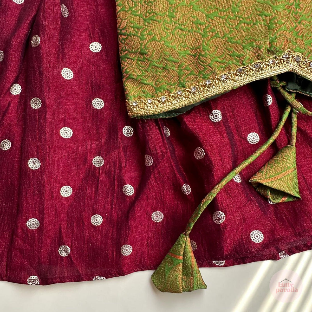 Deep Maroon Pavada with Green Brocade Puff Sleeve Top