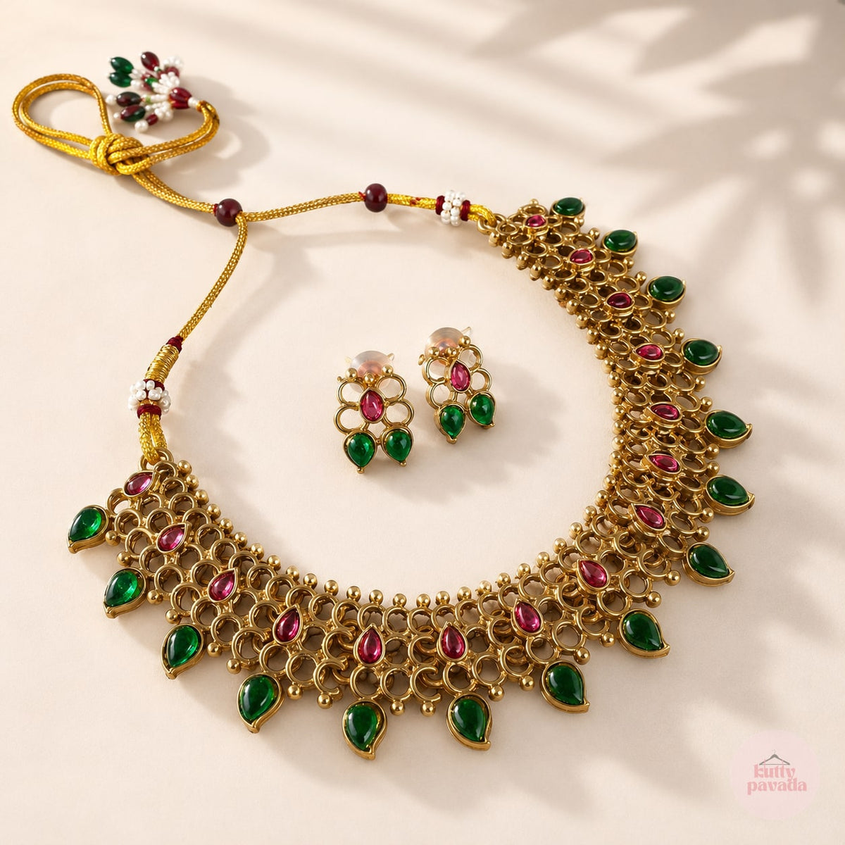 Green Traditional Choker Necklace with Earring Set