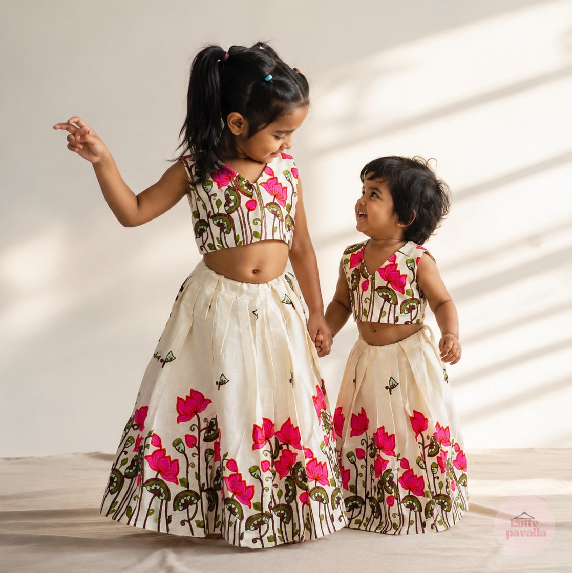 Lotus Embroidery Cotton Girls Skirt and Top Set