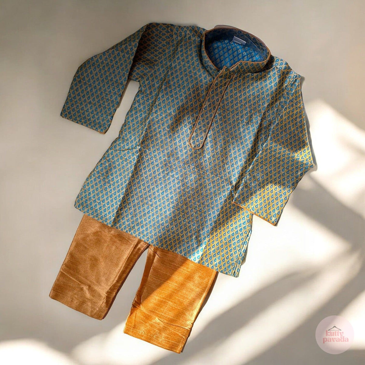 Light blue Kurta and with Golden Pyjama Pants