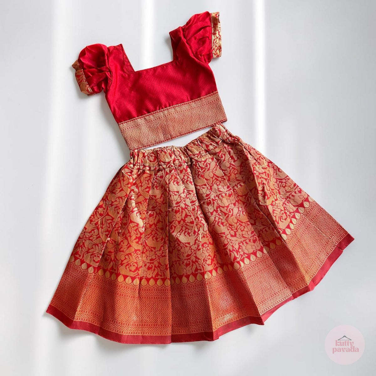 Red and Orange Banarasi Girls Pattu Pavada Set