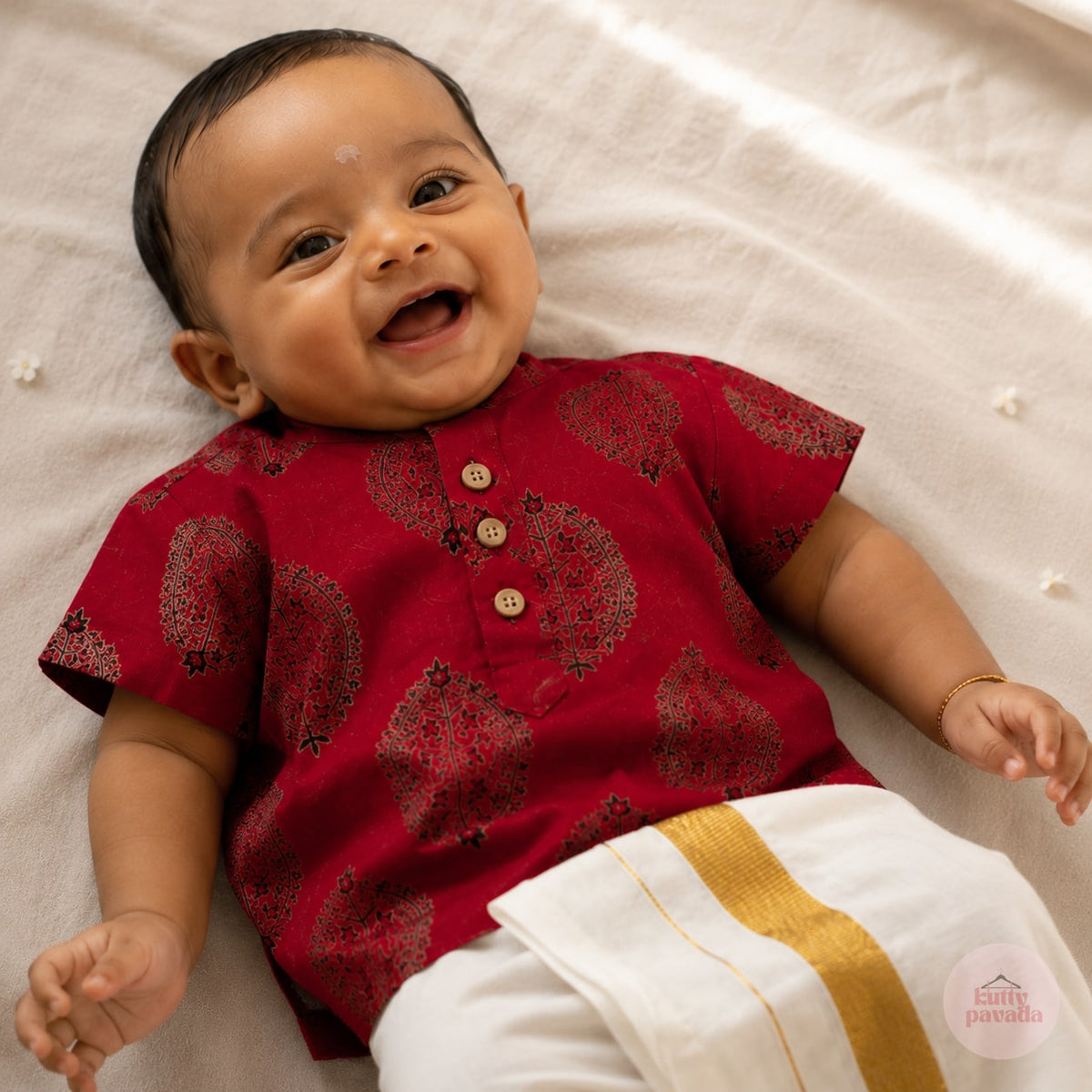 Ajrakh Red Baby Shirt and Kasavu Mundu Set