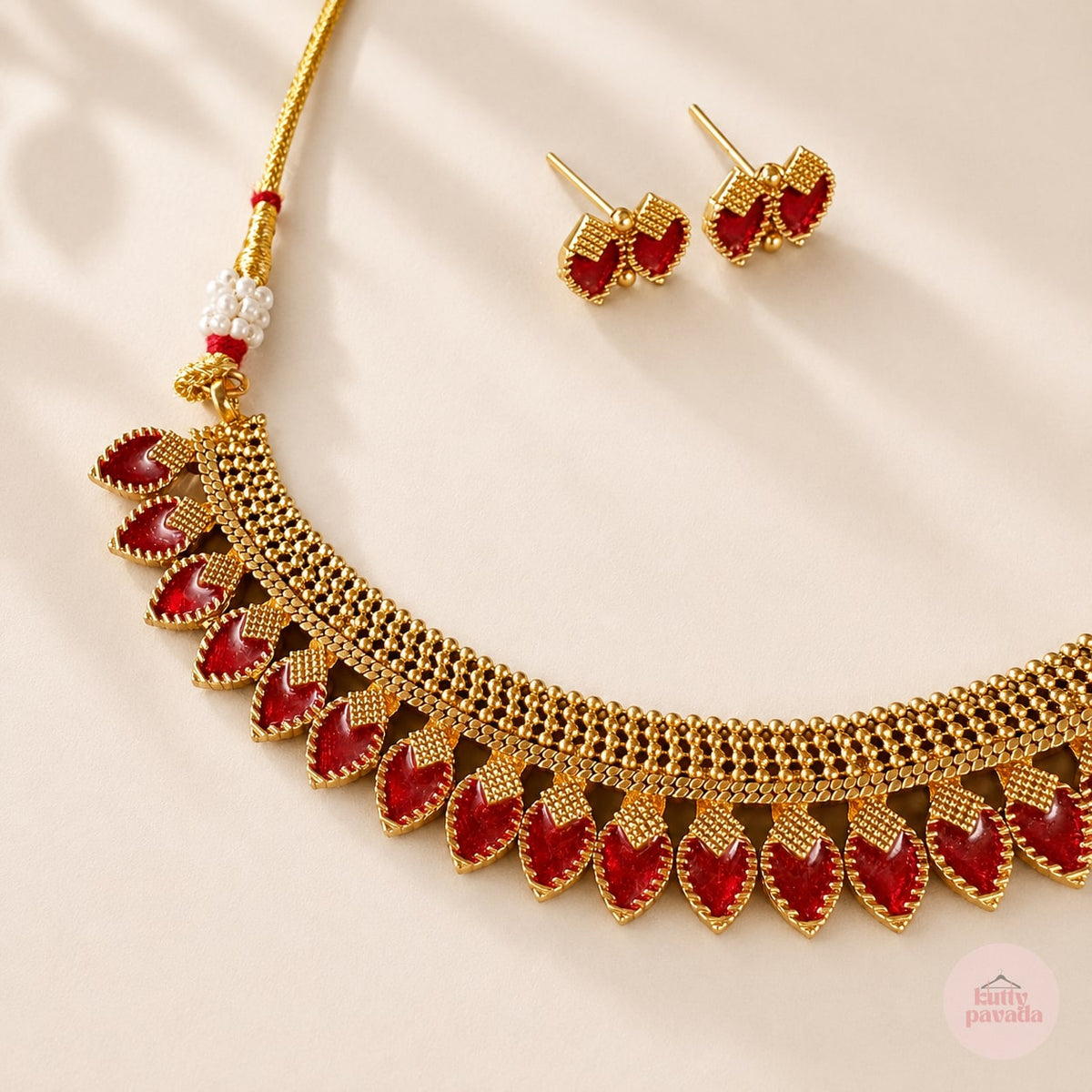 Ruby Leaf Onam Necklace and Earring Set