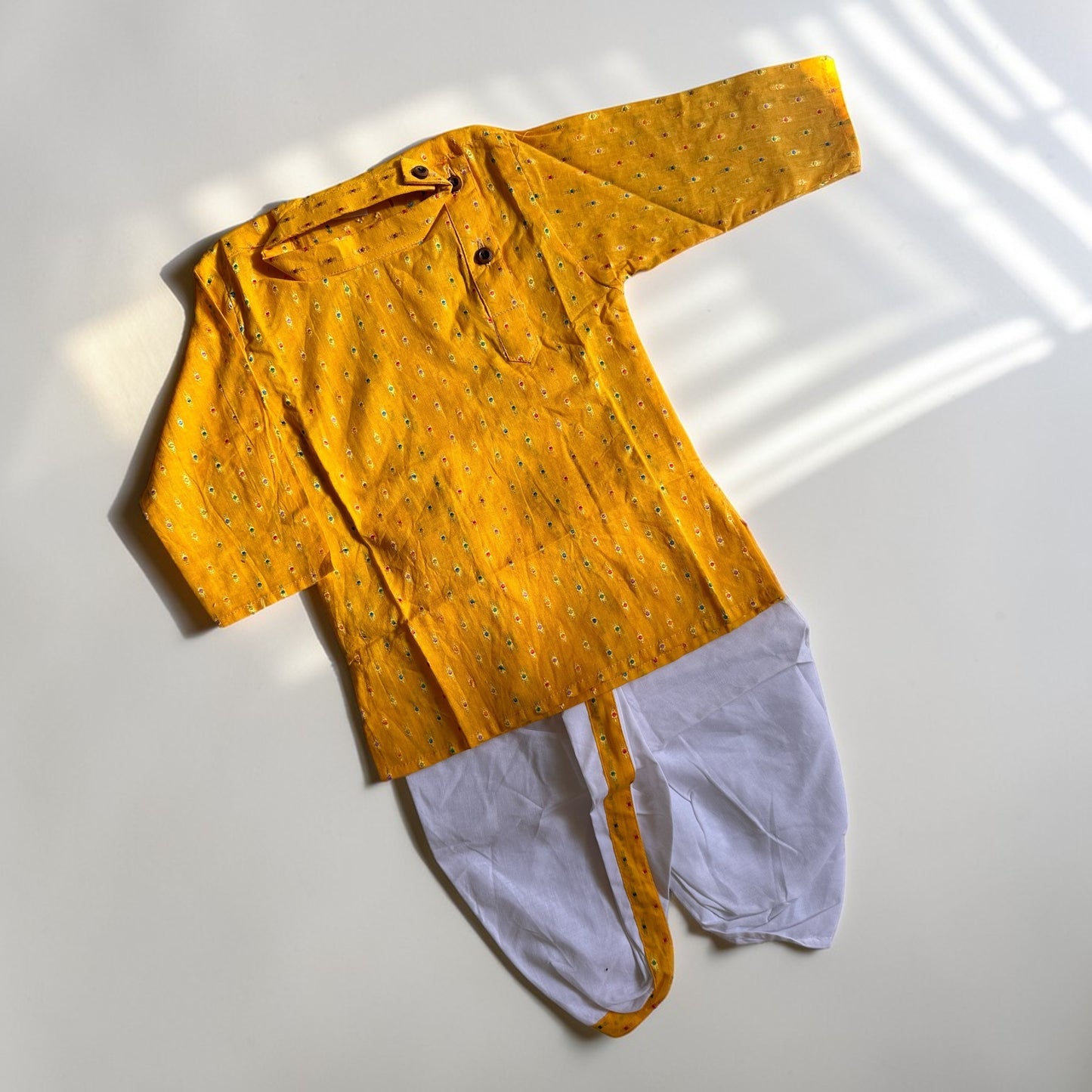 Yellow Weaved Cotton Kurta & White Dhoti Pants