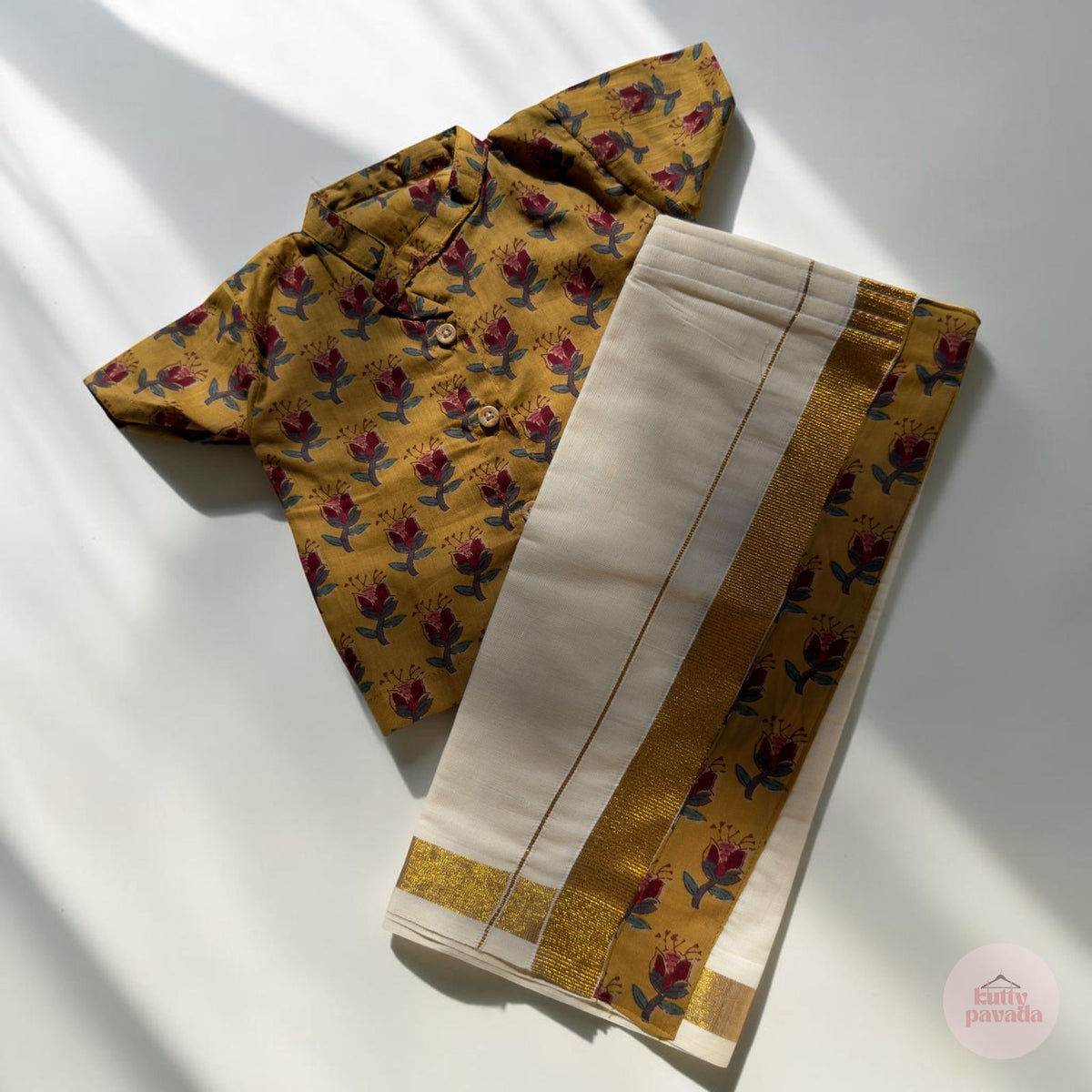 Yellow Ajrakh Print Baby Shirt and Mundu Set