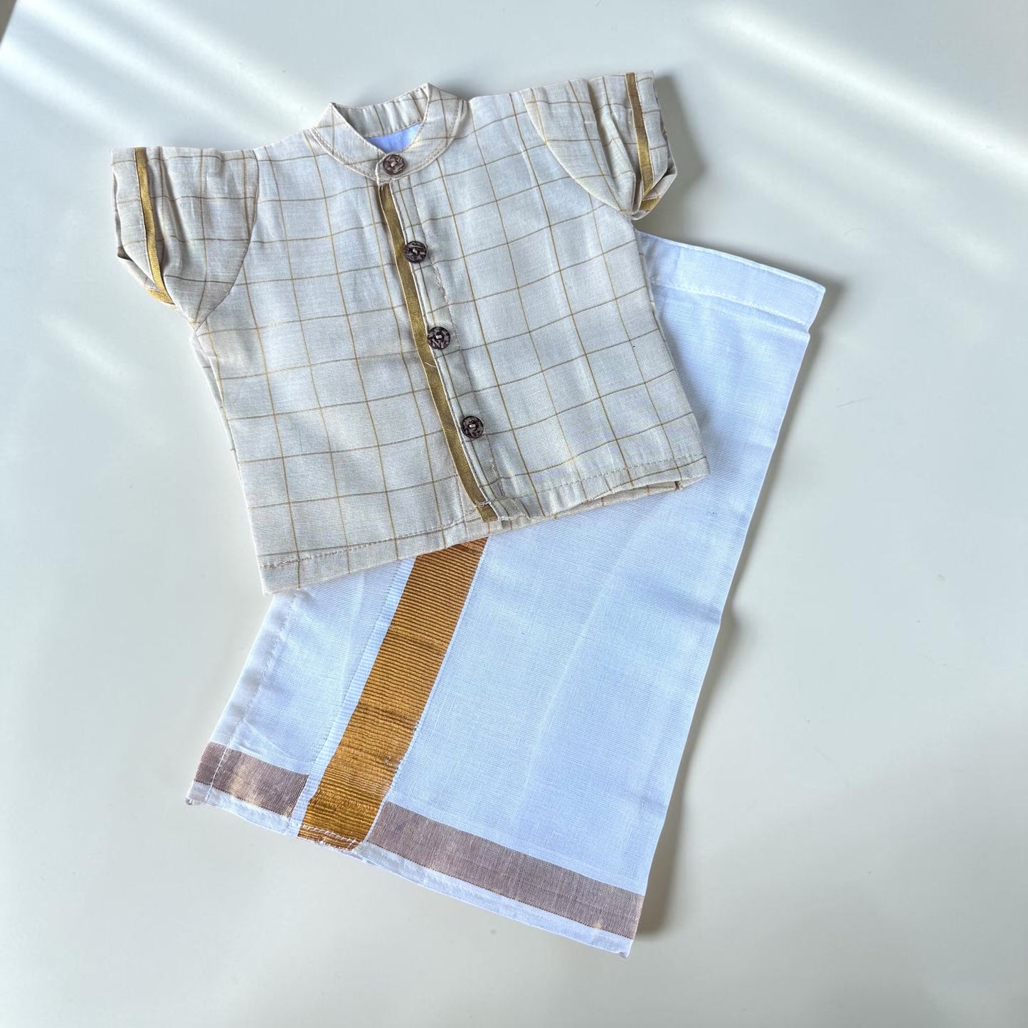 Checkered Baby Shirt and Kasavu Mundu Set