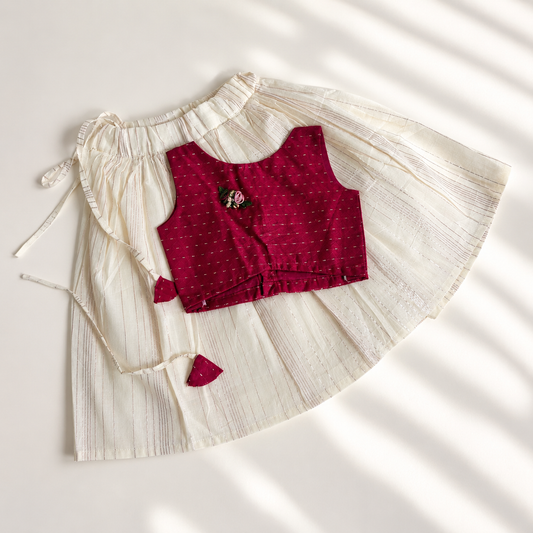 Deep Red & Metallic Pink Striped Pavada Set