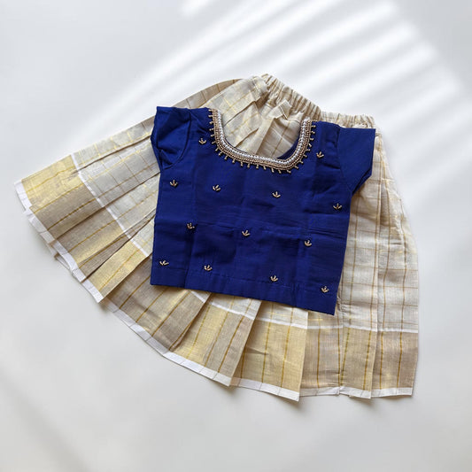 Premium Handwork Blue Blouse with Kasavu Skirt Set
