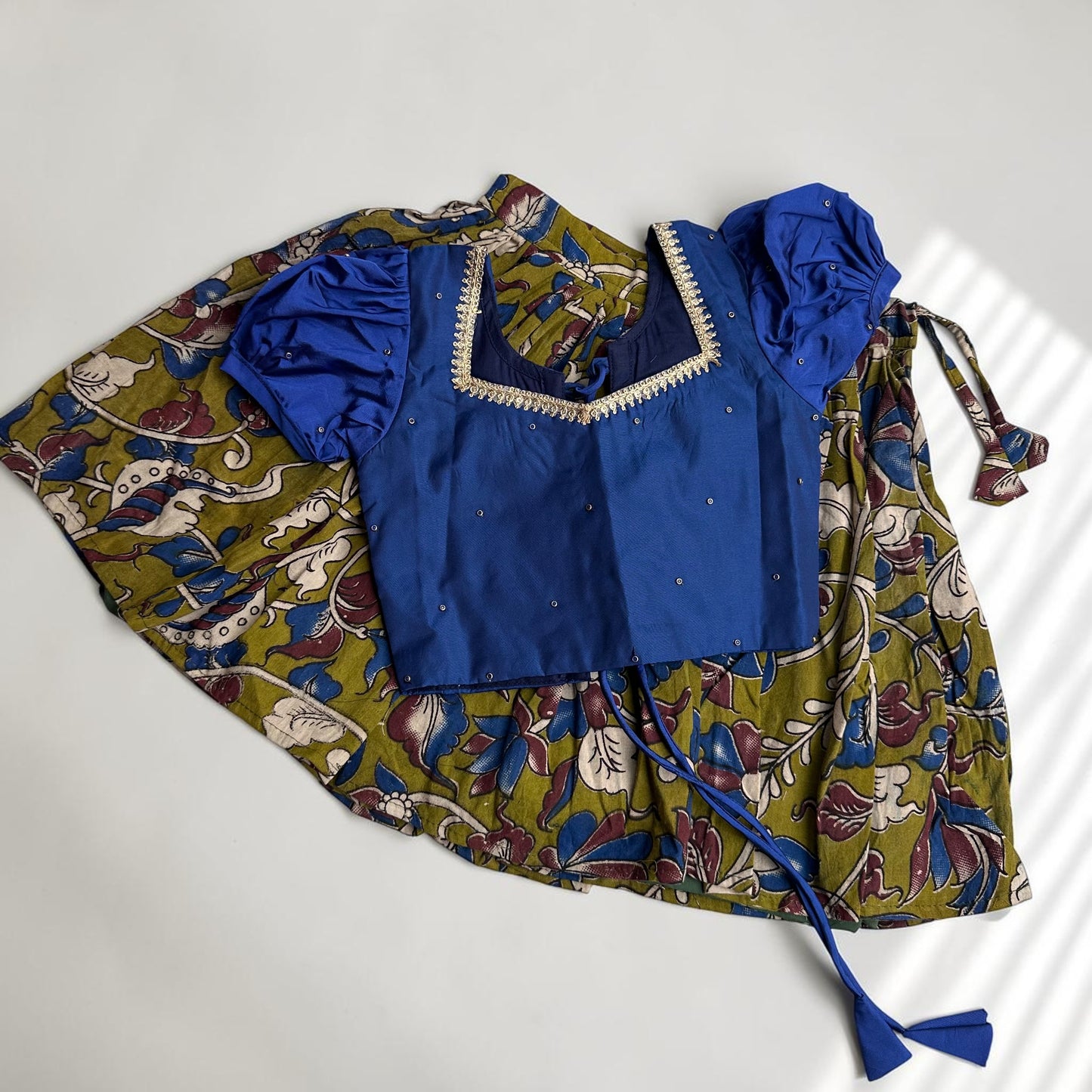 Royal Blue Blouse with Kalamkari Cotton Pavada Set