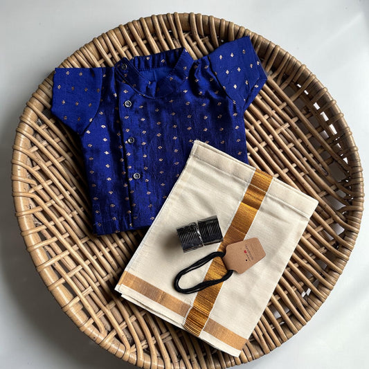 Royal Blue Kurta & Mundu Noolukettu Set