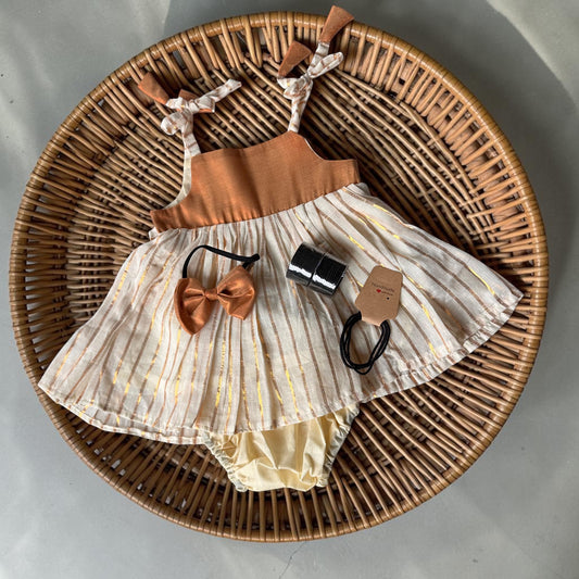 5-in-1 Set: Bronze Gold Striped Dress with Headband
