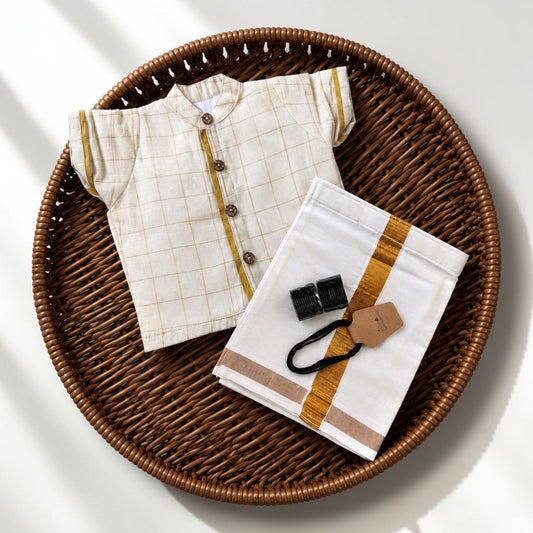 Golden Tissue Check Kurta & Mundu Noolukettu Set