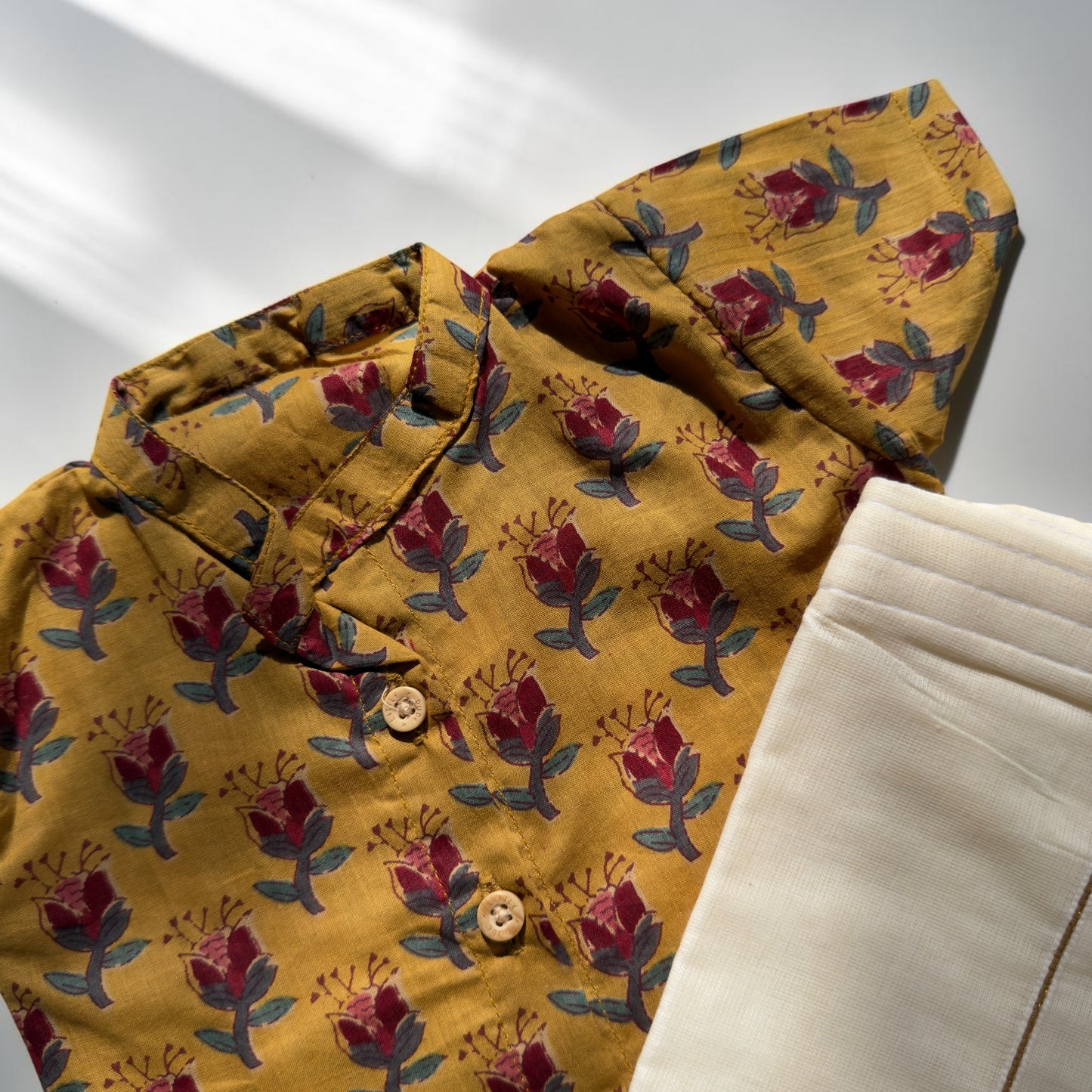 Yellow Ajrakh Print Baby Shirt and Mundu Set