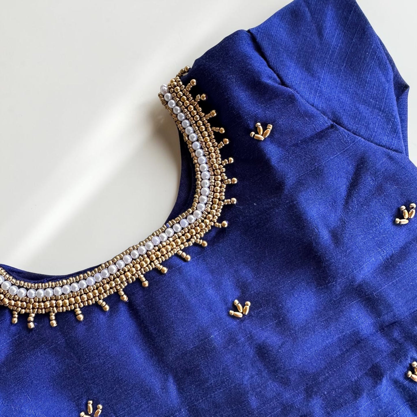 Premium Handwork Blue Blouse with Kasavu Skirt Set