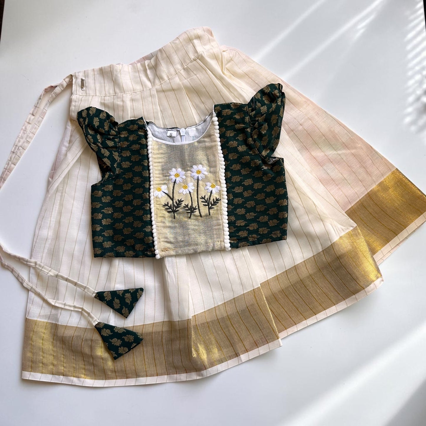 Bottle Green Daisy Embroidered Pattu Pavada Set