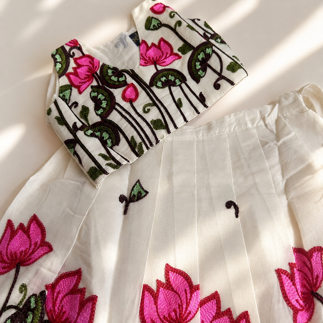 Lotus Embroidery Cotton Girls Skirt and Top Set
