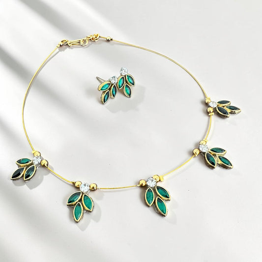 Green Petal Charm Invisible Necklace with Earrings Set