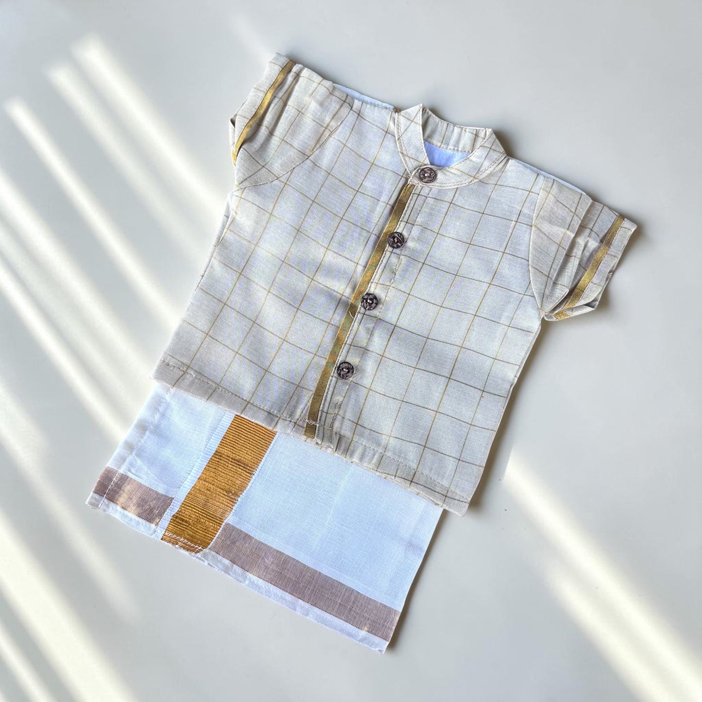 Checkered Baby Shirt and Kasavu Mundu Set
