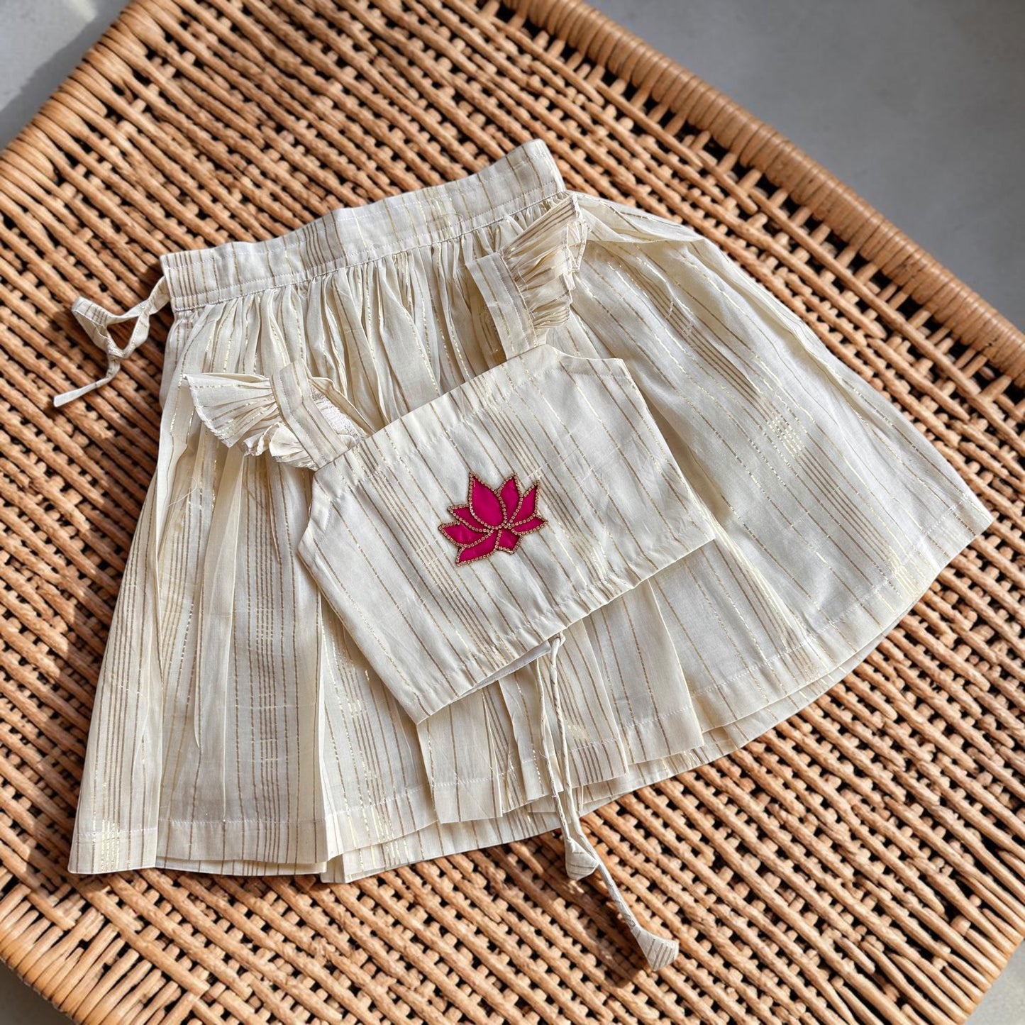 Ivory Gold Striped Pattu Pavada Set with Lotus Detail