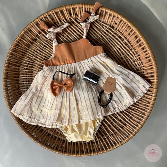 5-in-1 Set: Bronze Gold Striped Dress with Headband