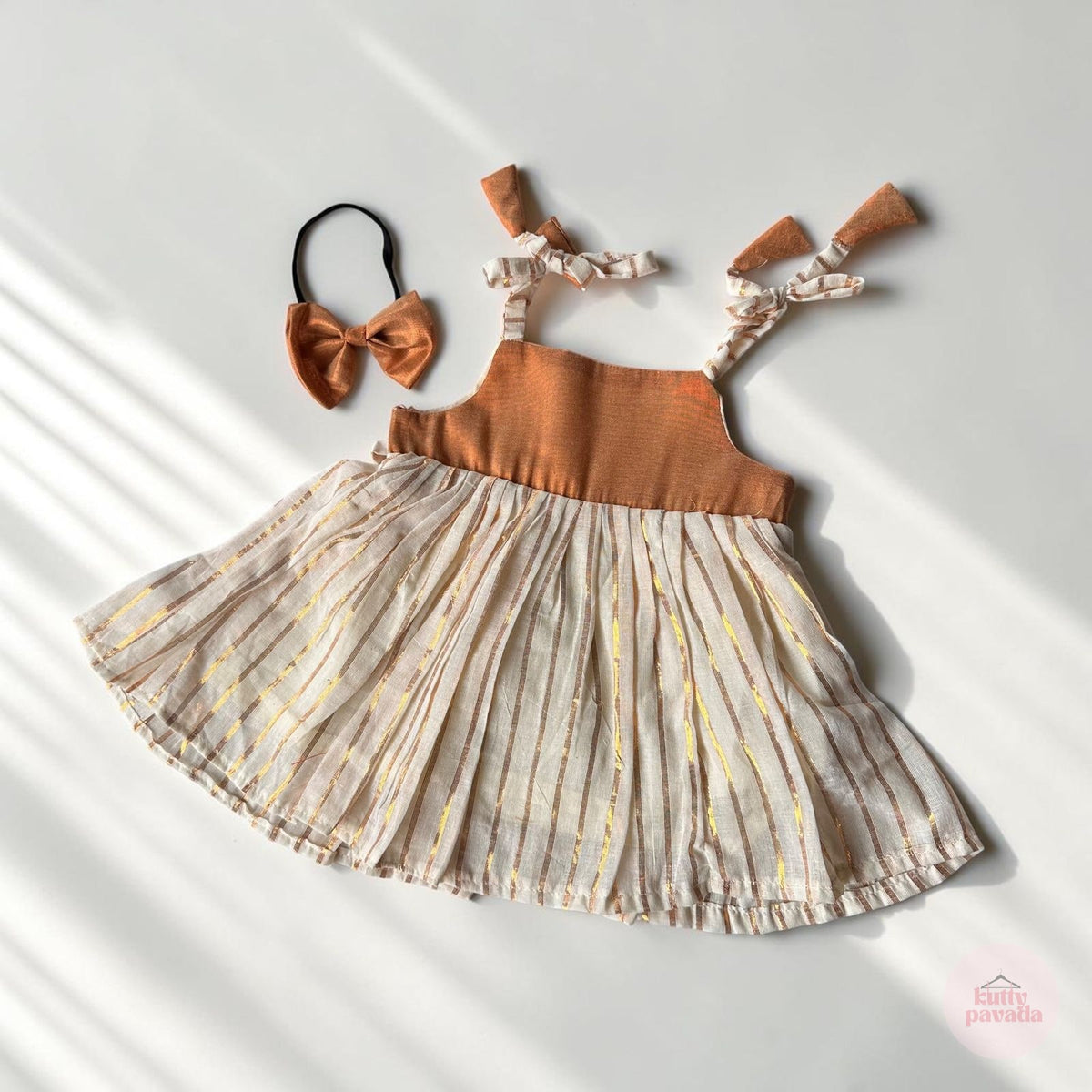 5-in-1 Set: Bronze Gold Striped Dress with Headband