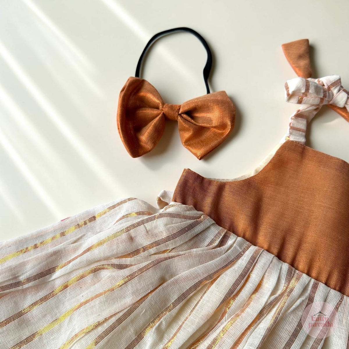 5-in-1 Set: Bronze Gold Striped Dress with Headband