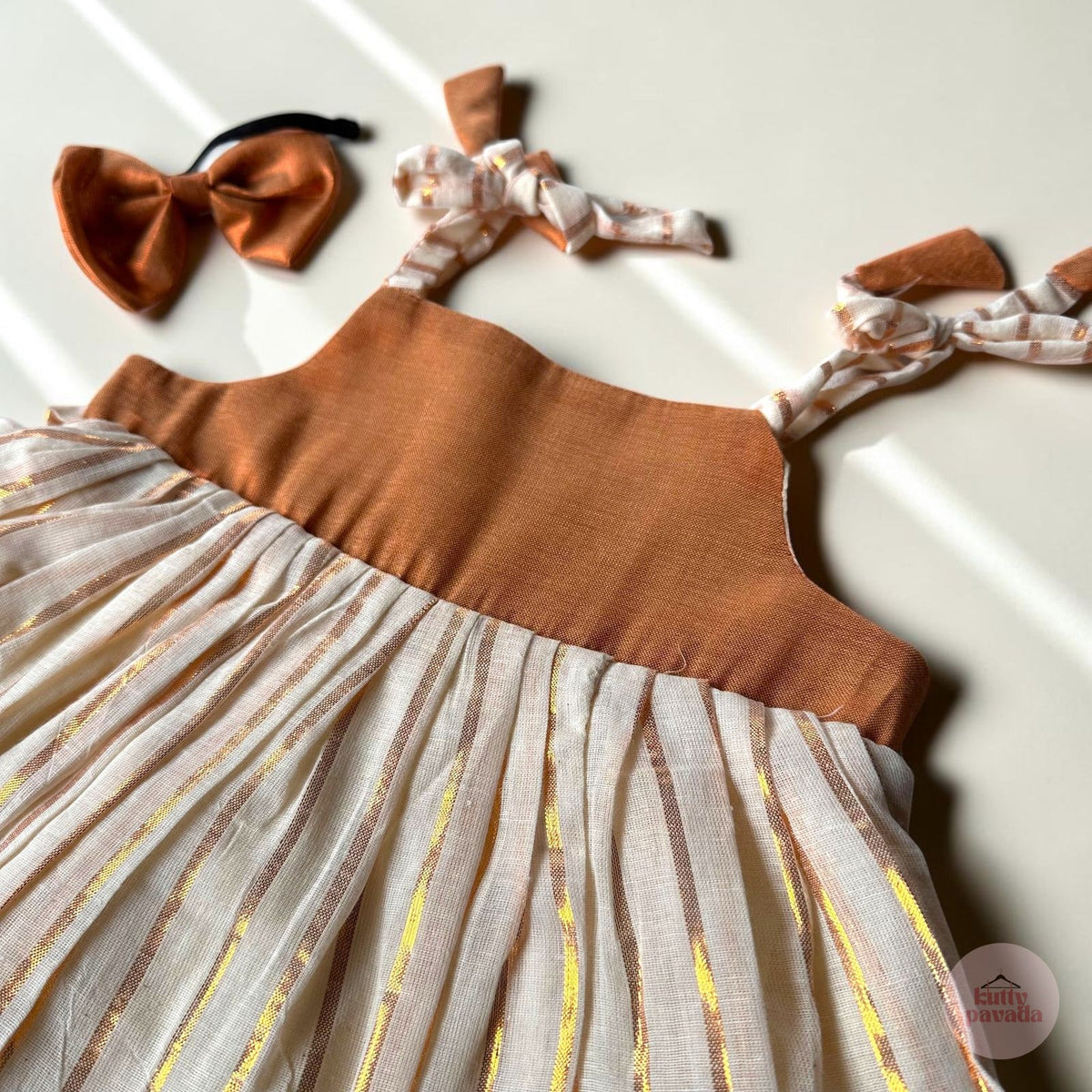 5-in-1 Set: Bronze Gold Striped Dress with Headband