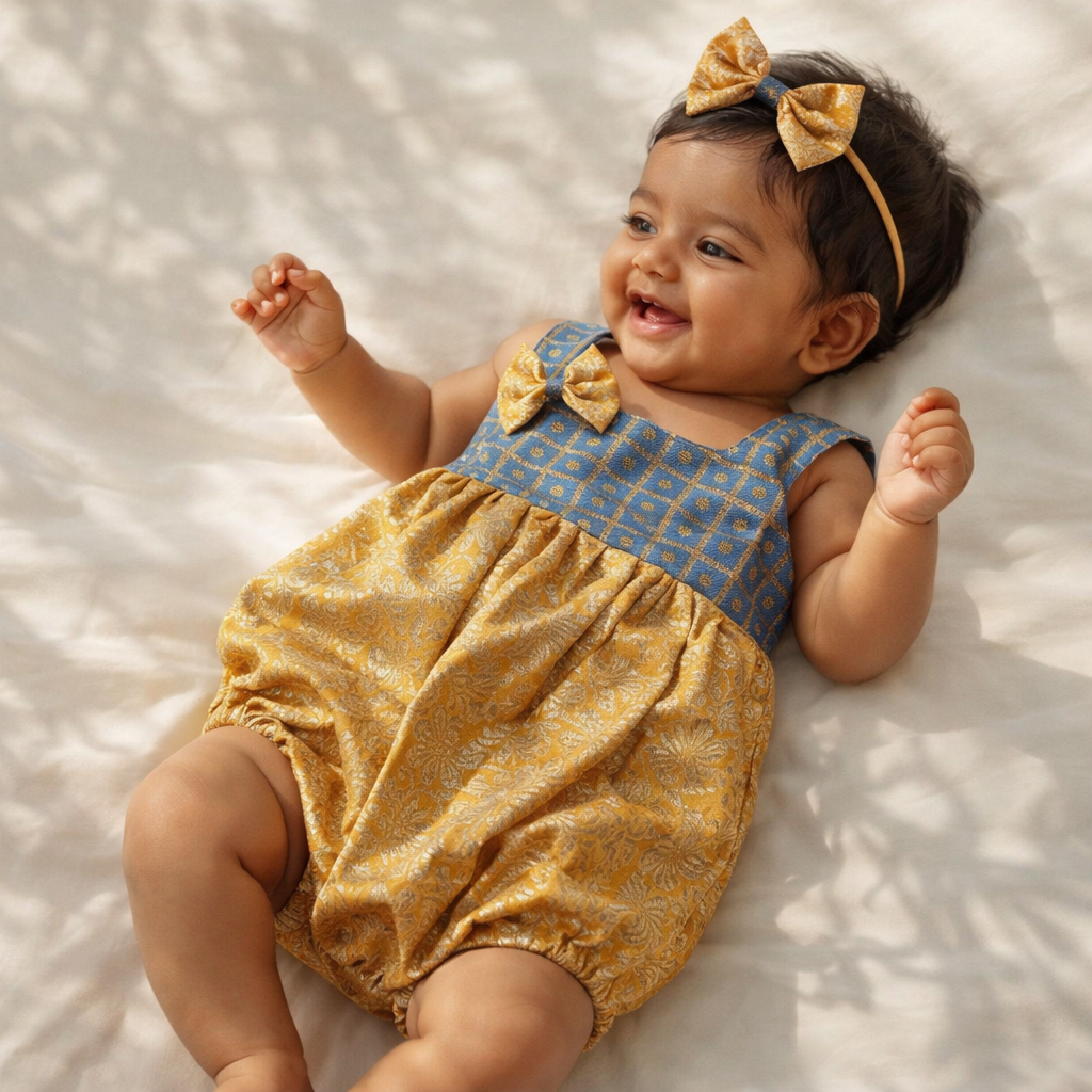 Golden Brocade Baby Romper Set with Matching Bow