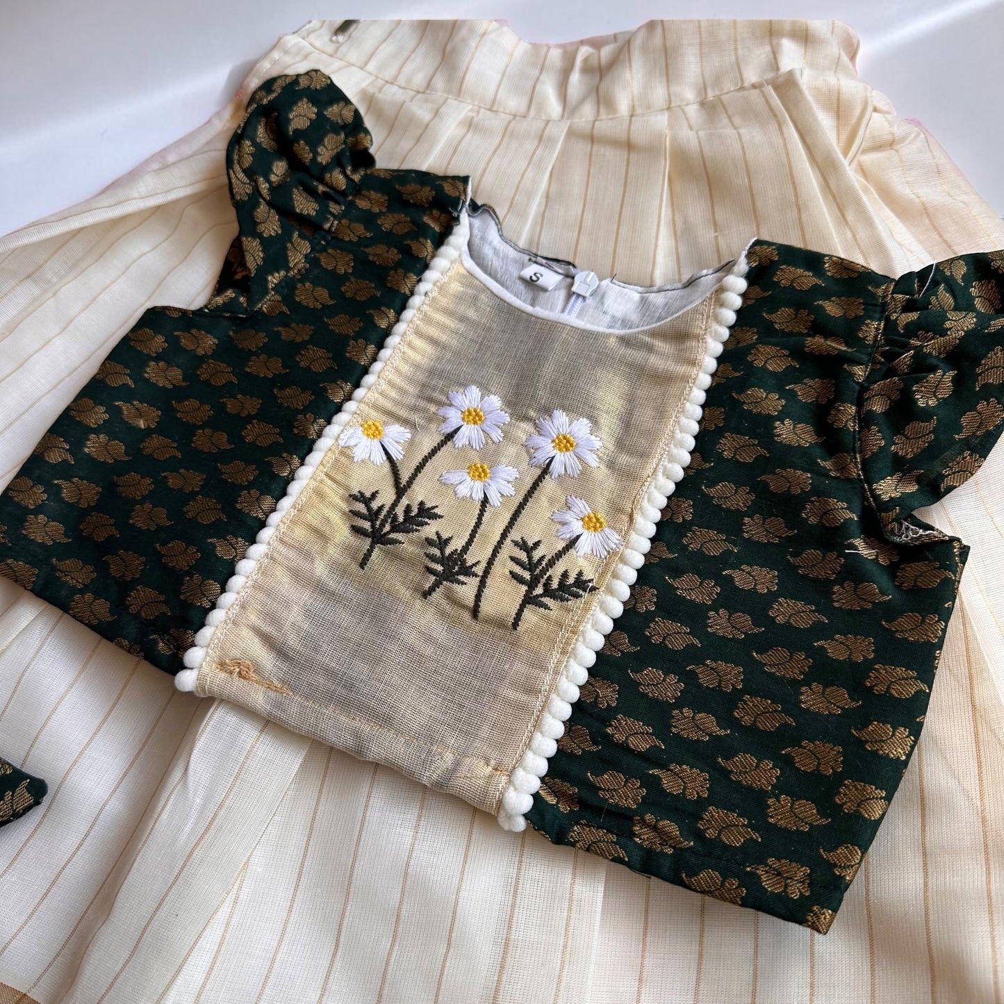 Bottle Green Daisy Embroidered Pattu Pavada Set