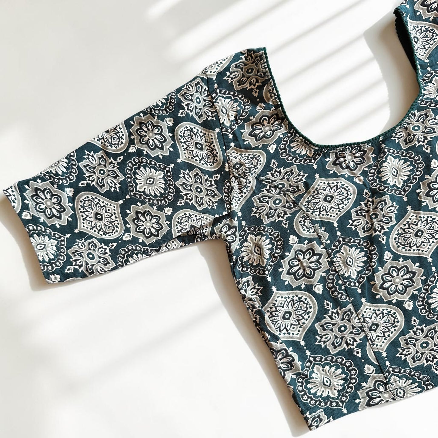 Bottle Green Ajrakh Stretchable Cotton Blouse | Ready-to-Wear Saree Blouse