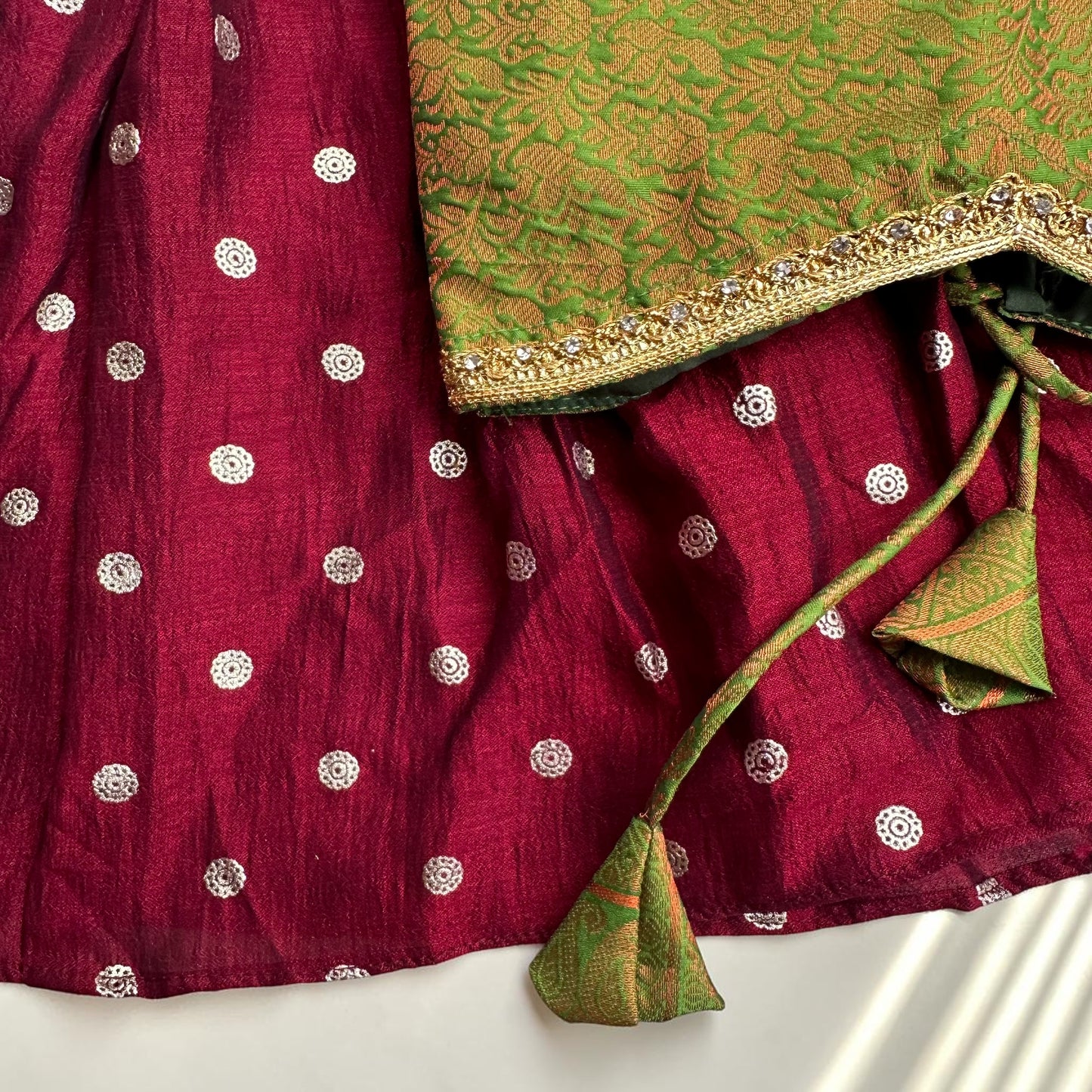 Deep Maroon Pavada with Green Brocade Puff Sleeve Top