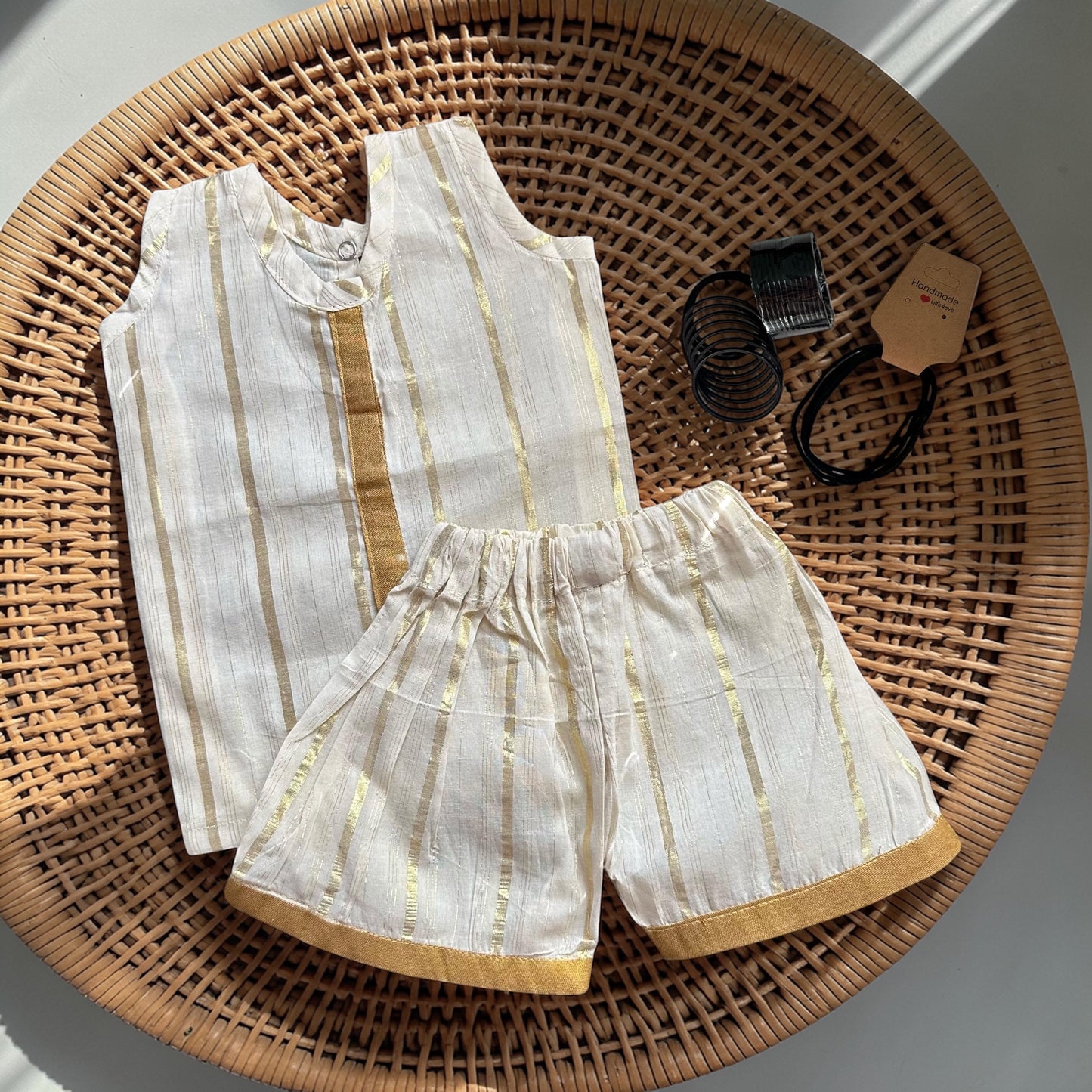 Gold-Striped Kurta & Shorts Set