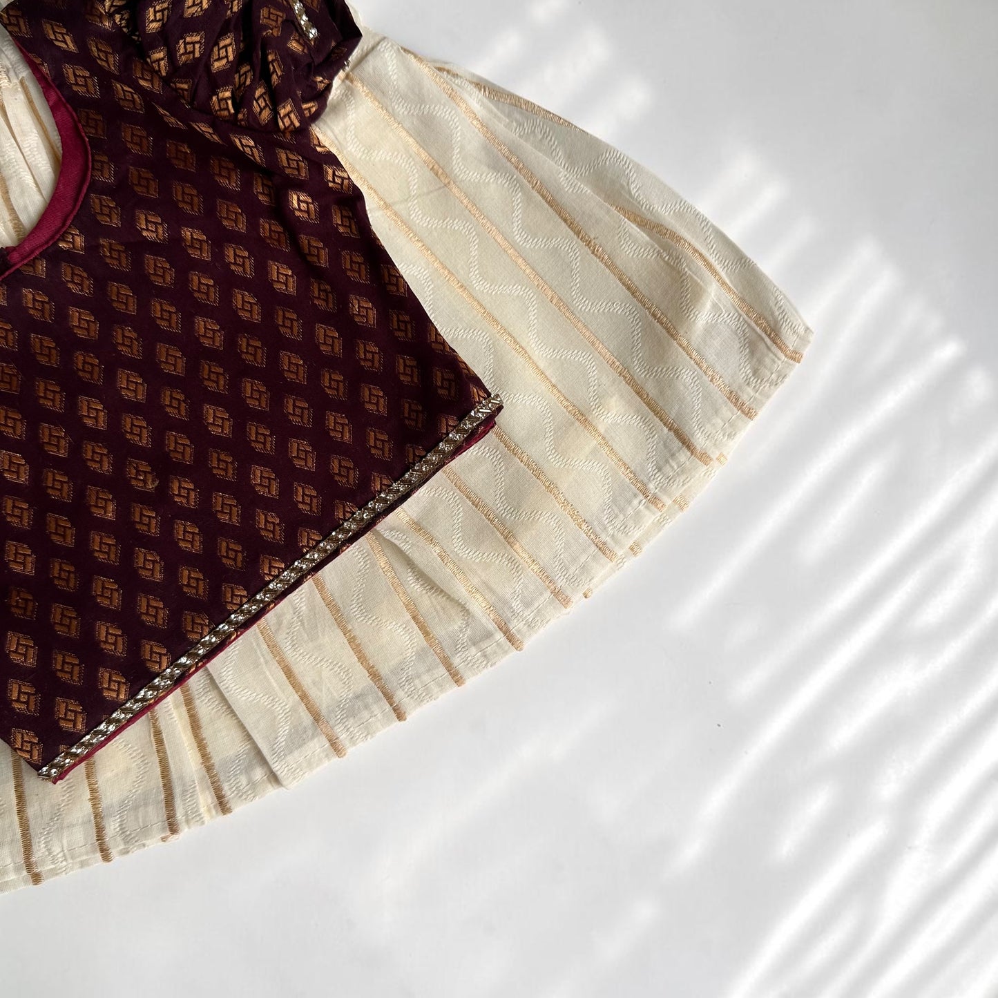 Brown Cotton Brocade and White Baby Skirt and Top Set