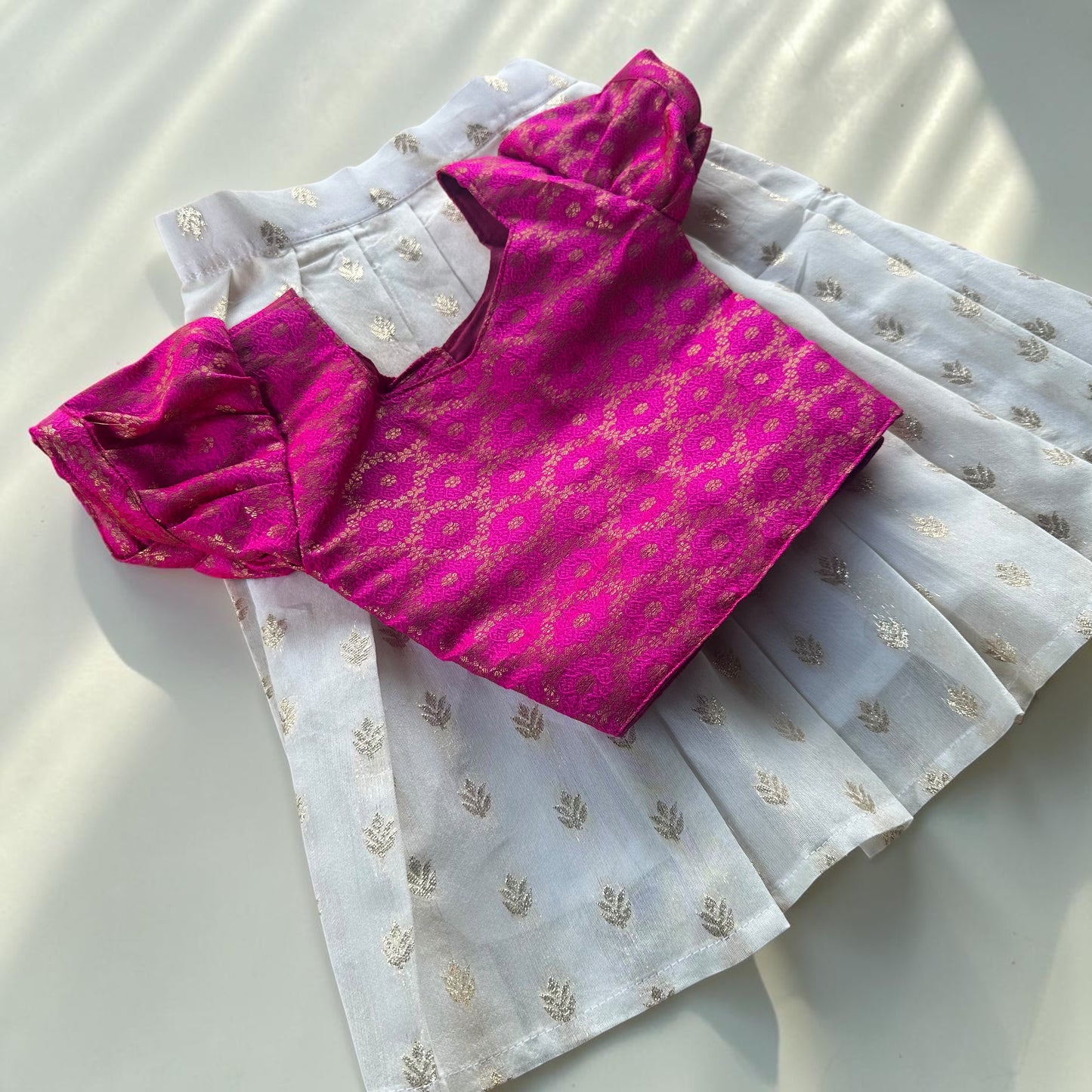 Hot Pink Gold Brocade with Gold Bhutta Skirt Set