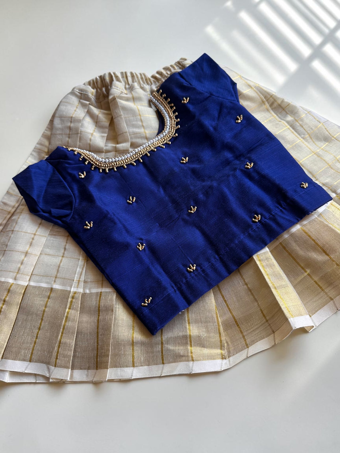 Premium Handwork Blue Blouse with Kasavu Skirt Set