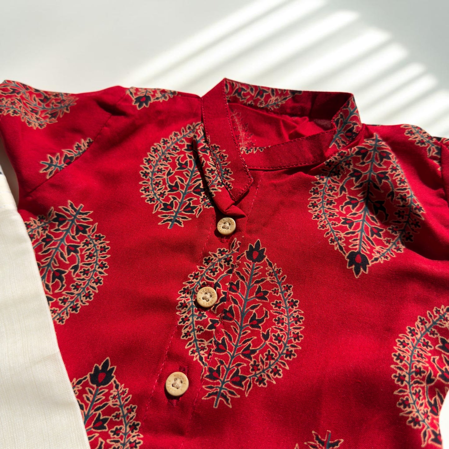 Ajrakh Red Baby Shirt and Kasavu Mundu Set