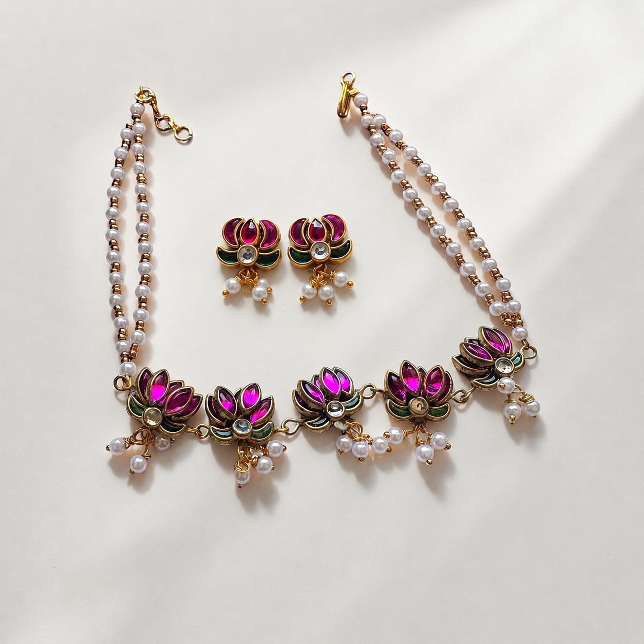 Handmade Pink Lotus Pearl Choker Set