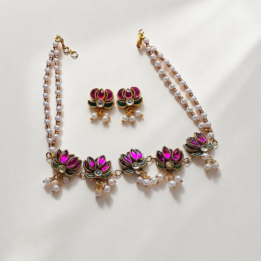 Handmade Pink Lotus Pearl Choker Set