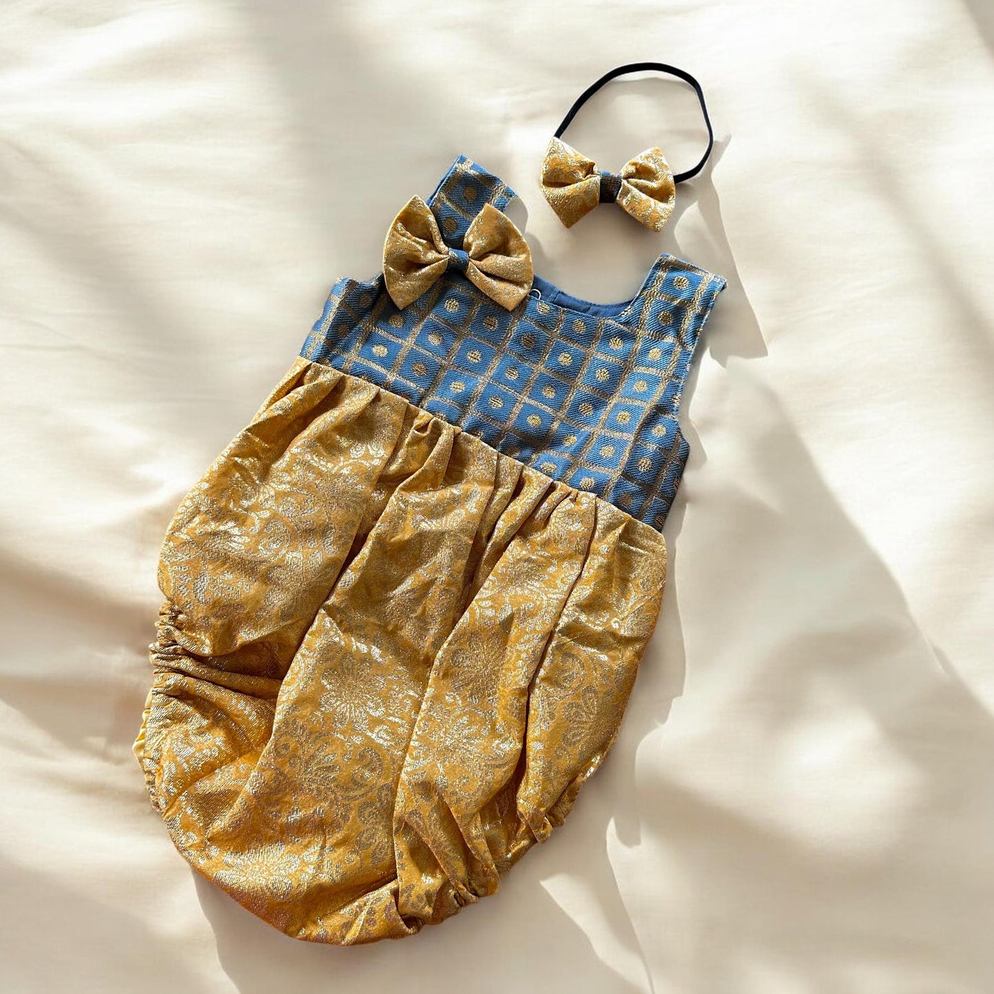 Golden Brocade Baby Romper Set with Matching Bow