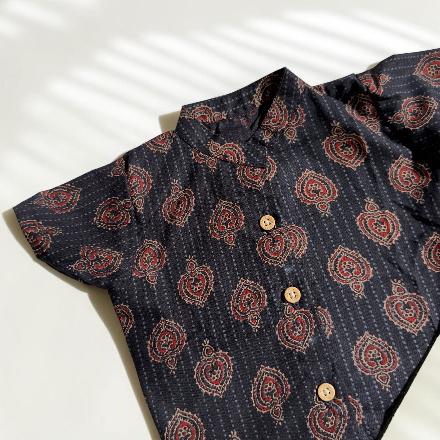Black Block Print Shirt and Kasavu Mundu Set