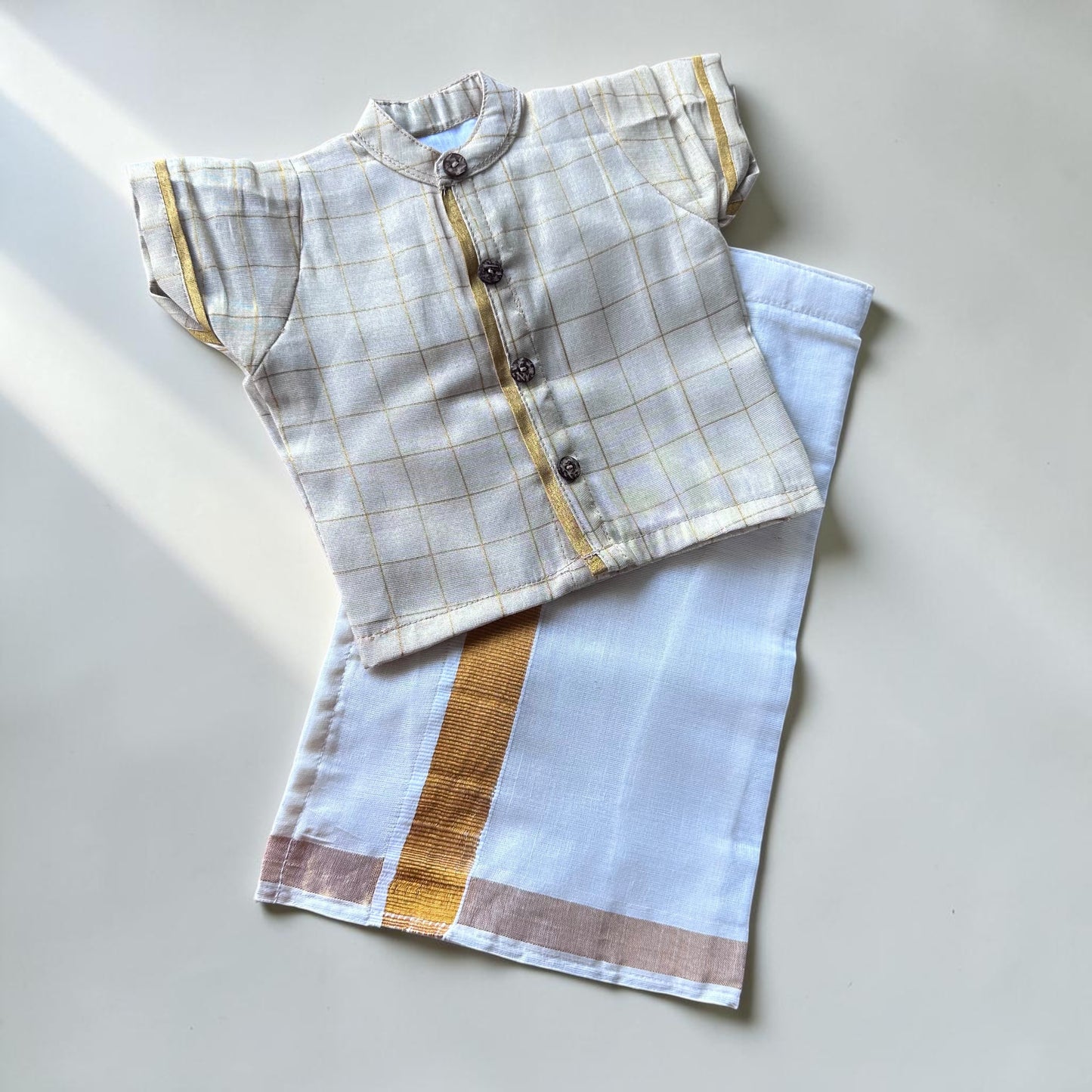 Checkered Baby Shirt and Kasavu Mundu Set