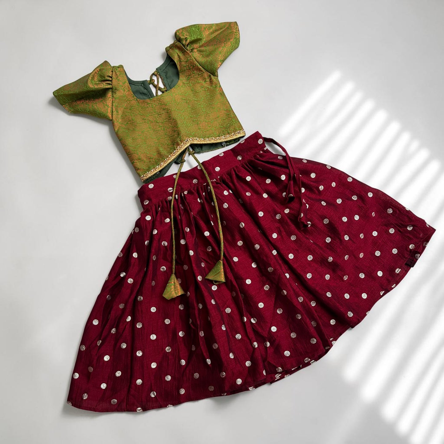 Deep Maroon Pavada with Green Brocade Puff Sleeve Top