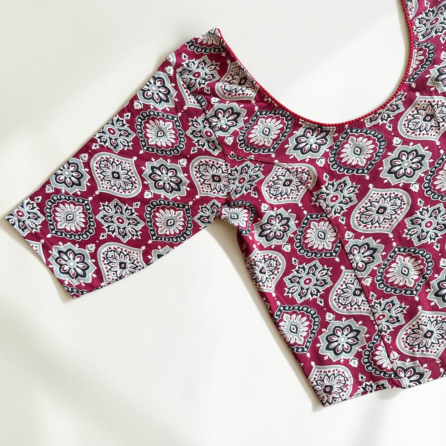 Maroon Ajrakh Stretchable Cotton Blouse | Ready-to-Wear Saree Blouse
