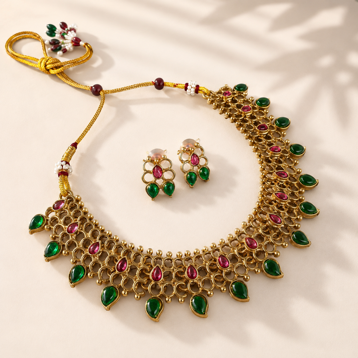 Green Traditional Choker Necklace with Earring Set
